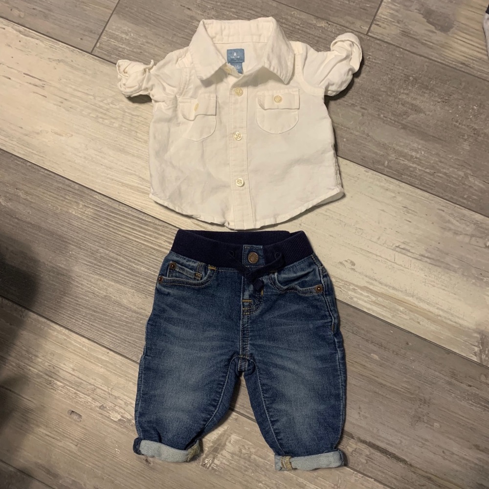 Baby Gap jeans and white denim button up